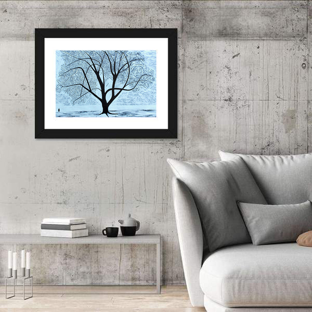 Snow Covered Tree Silhouette Wall Art in a room, landscape