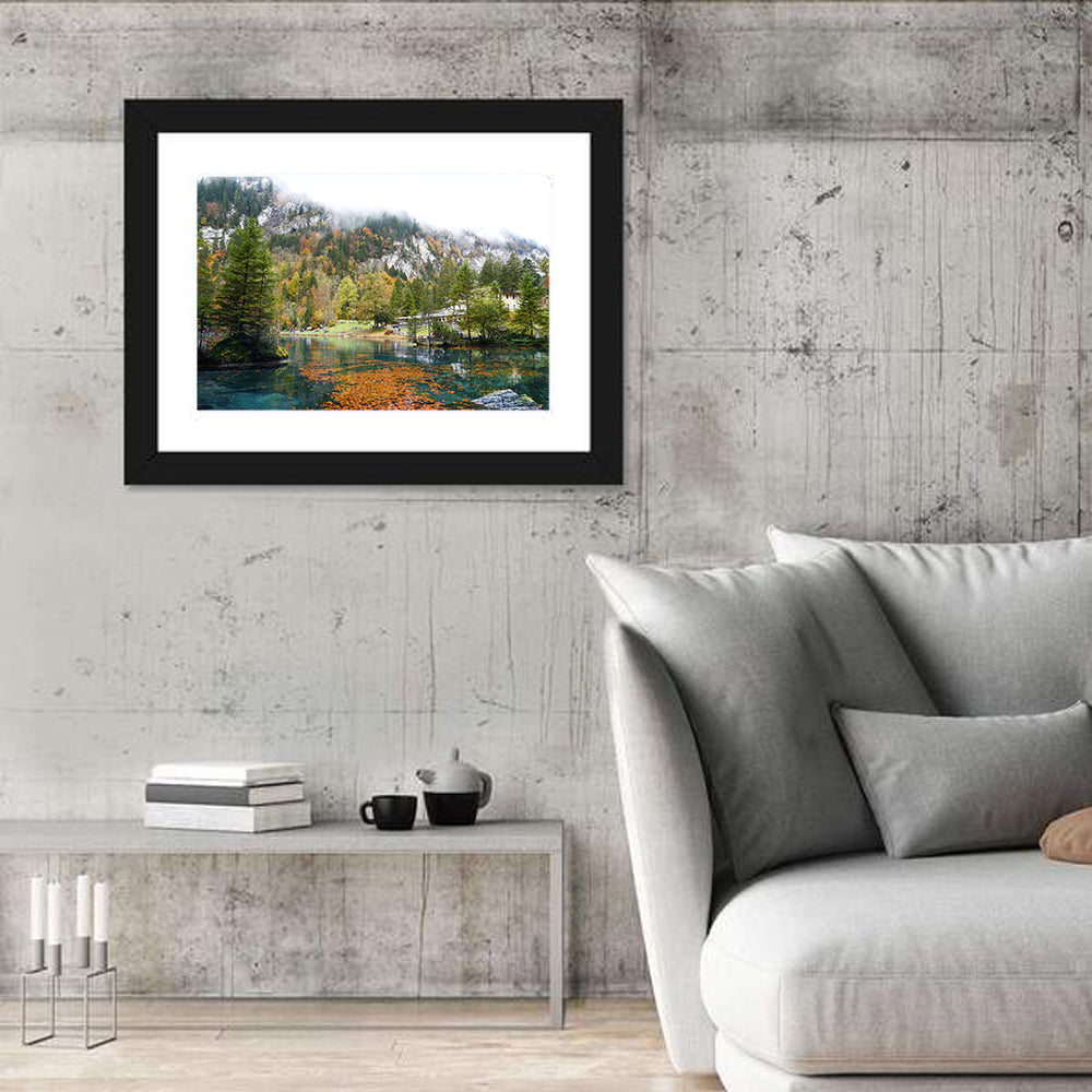 Blausee Autumn Lake Wall Art in a room, landscape