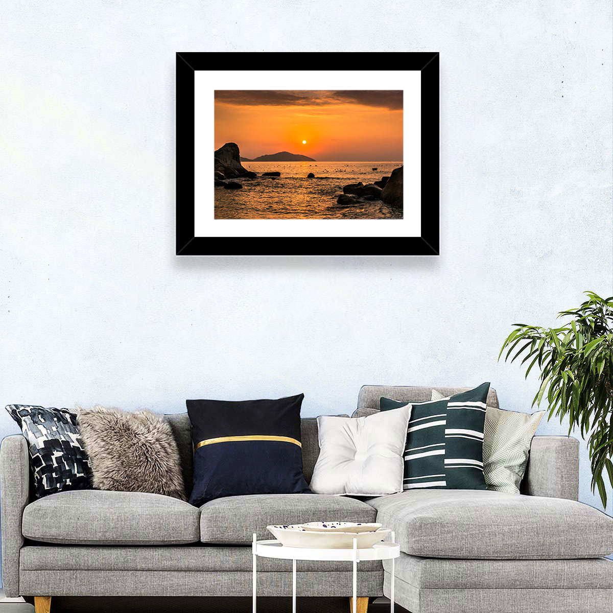 Orange Sunrise Over Rocky Coast Wall Art