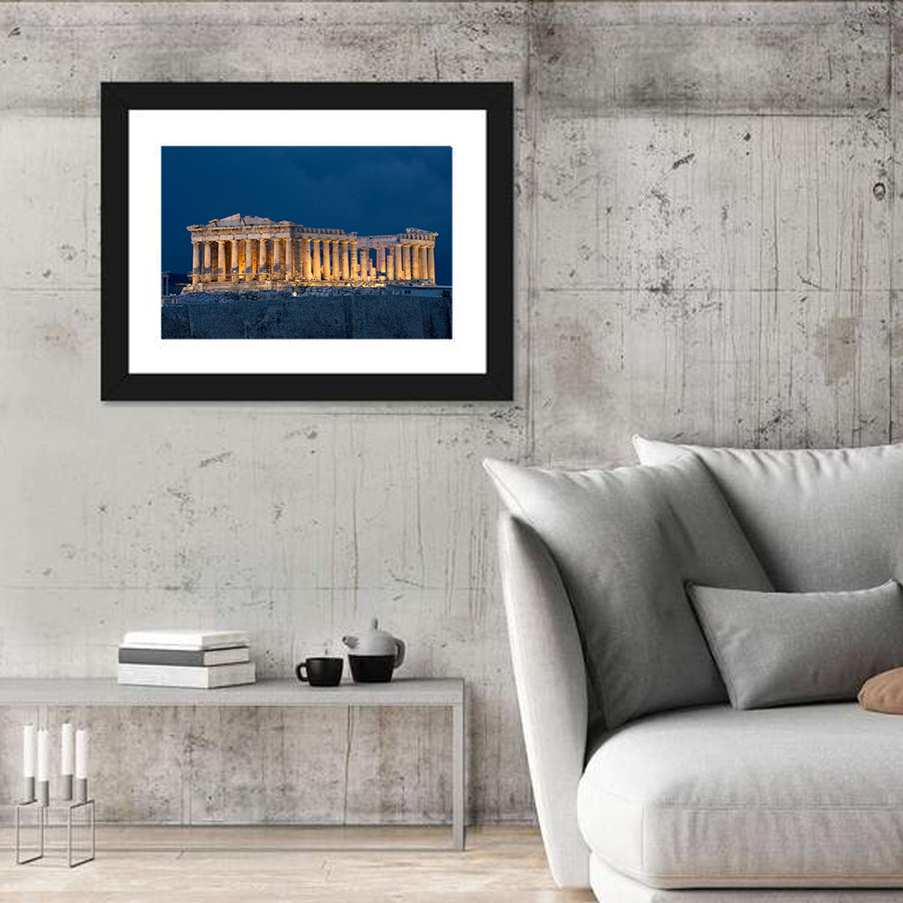 Illuminated Parthenon at Night Wall Art in a room, landscape
