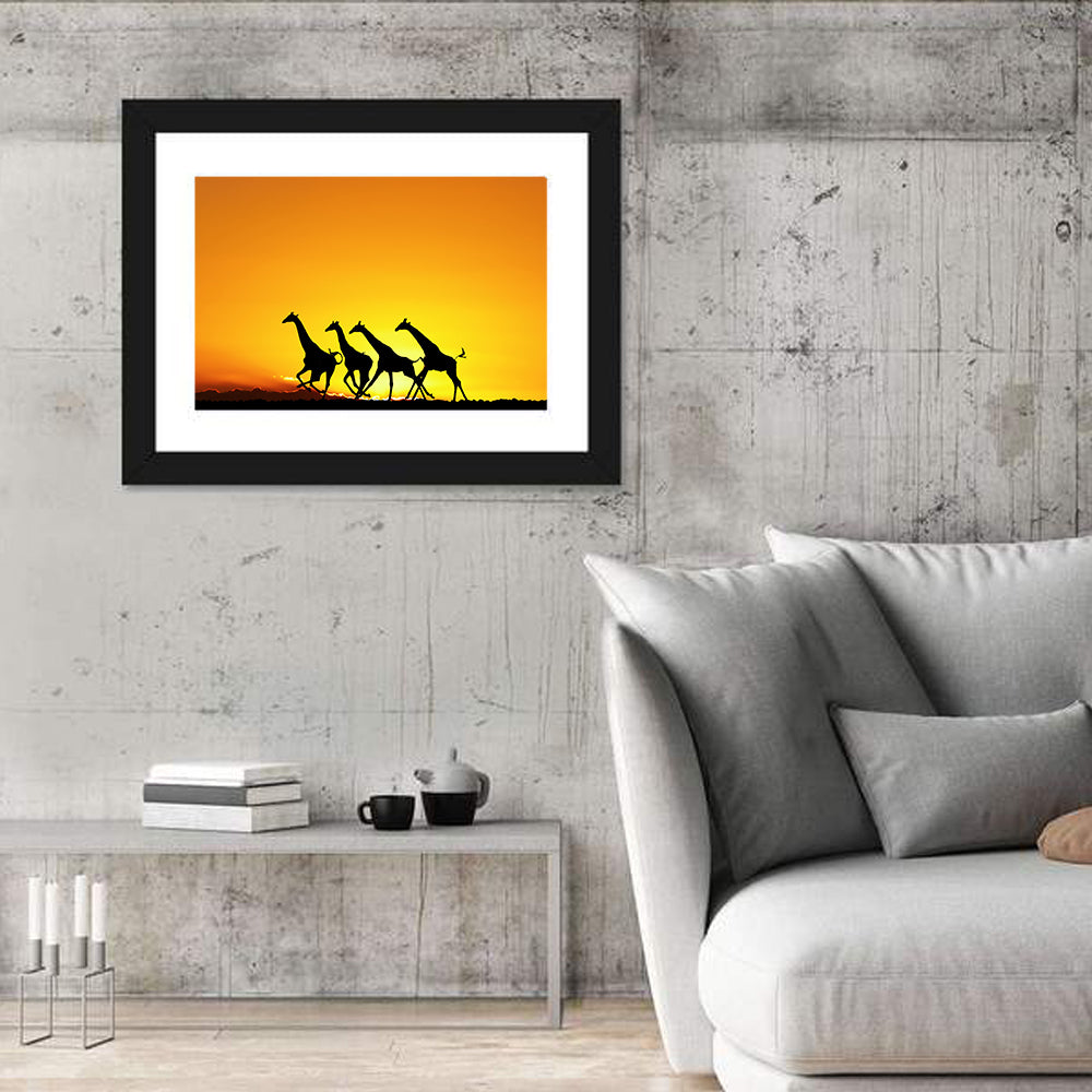 Savanna Giraffes at Sunset Wall Art in a room, landscape