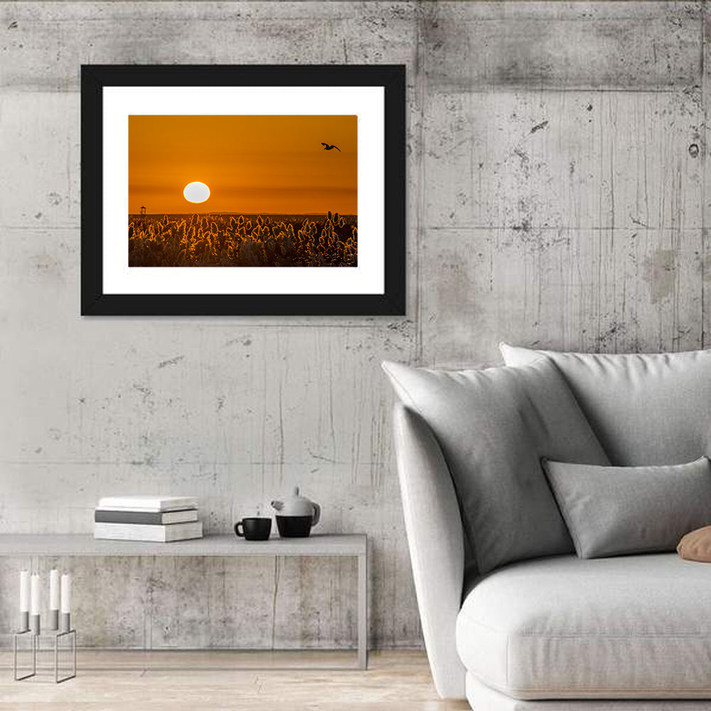 Golden Sunrise Over Reeds Wall Art in a room, landscape