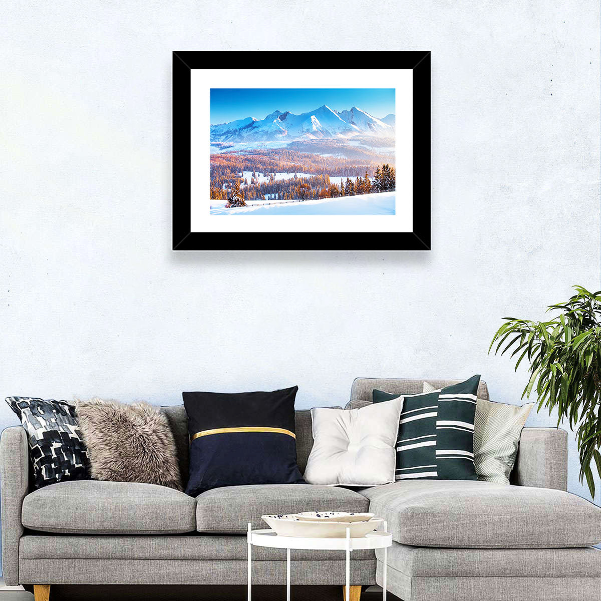 Snowy Mountain Peaks at Sunrise Wall Art in a room, landscape
