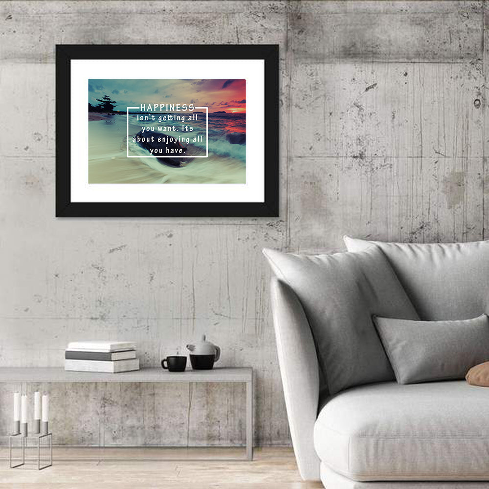 Happiness Quote on Sunset Beach Wall Art in a room, landscape