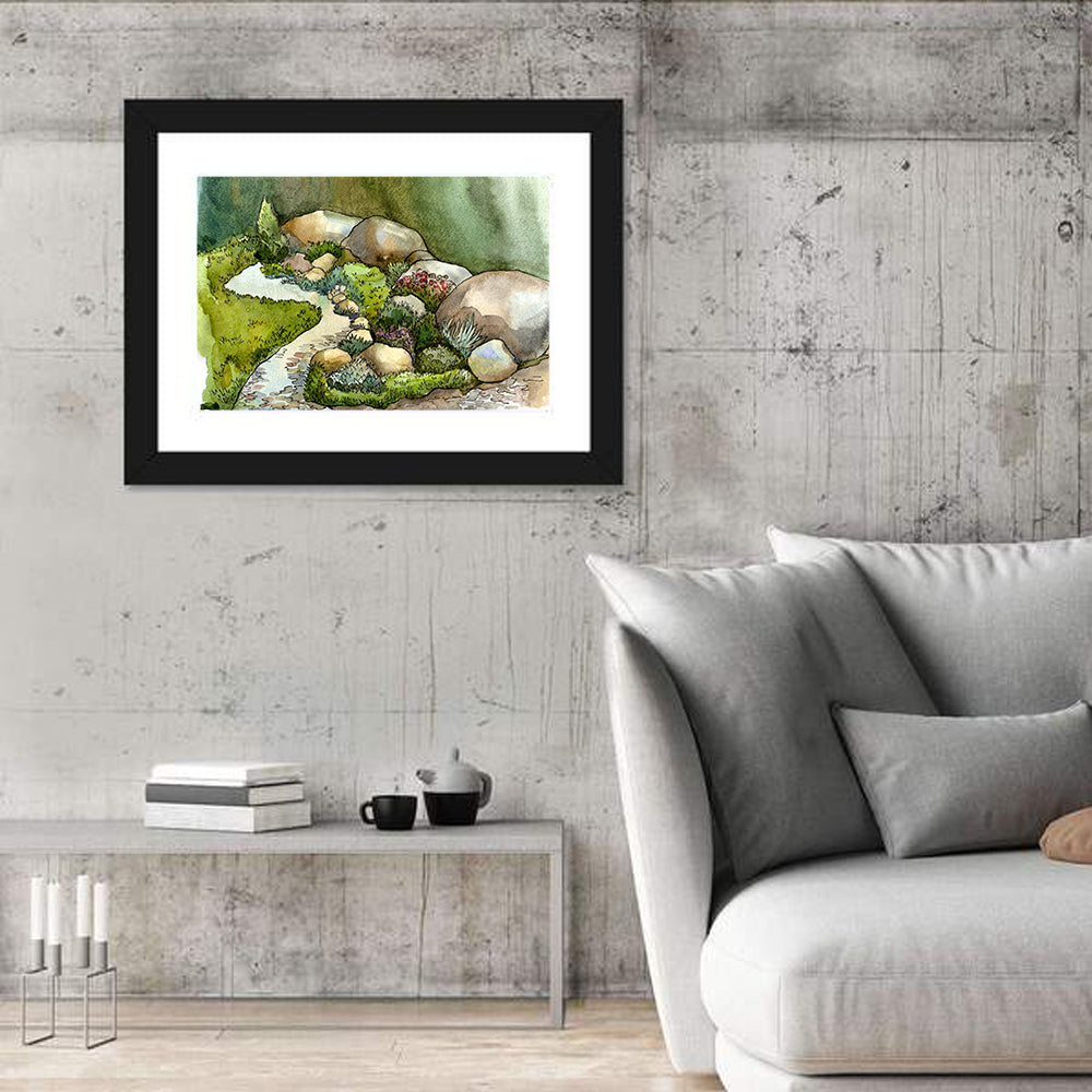 Watercolor Rock Garden Stream Wall Art in a room, landscape