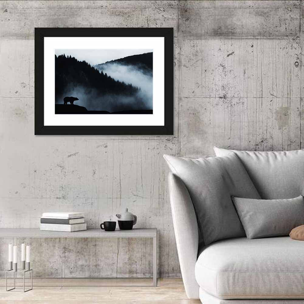 Bear Silhouette on Misty Cliff Wall Art in a room, landscape