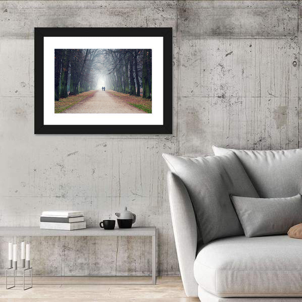 Foggy Tree Lined Walkway in Autumn Wall Art