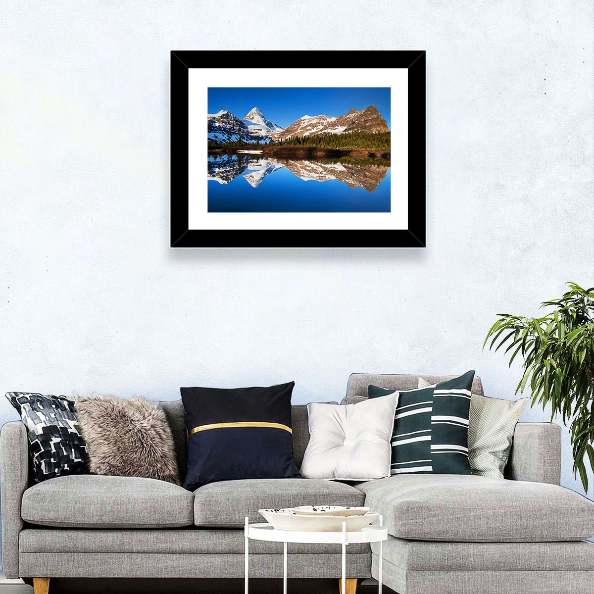 Snowy Mount Assiniboine Wall Art in a room, landscape