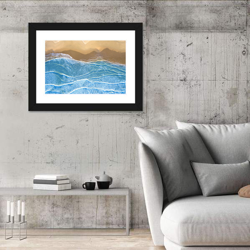 Aerial Azure Beach Wall Art in a room, landscape