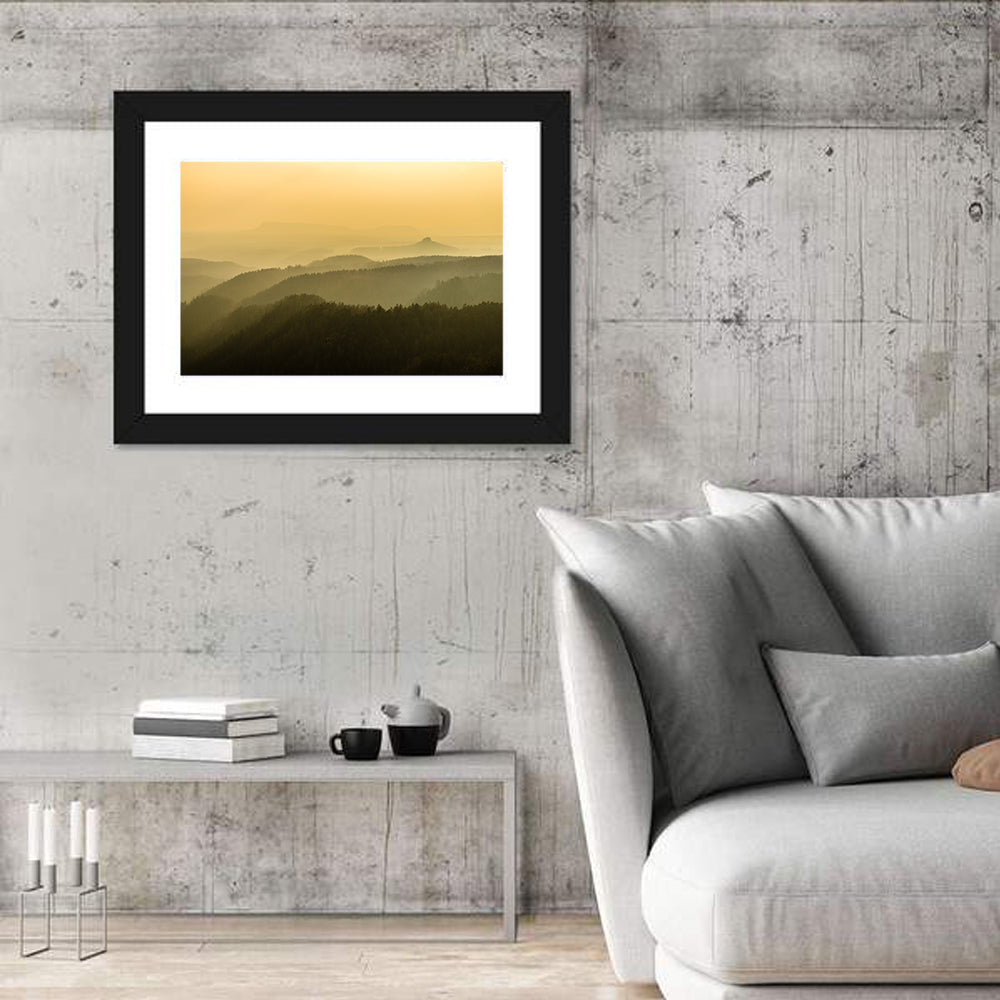 Misty Golden Ridge Landscape Wall Art in a room, landscape
