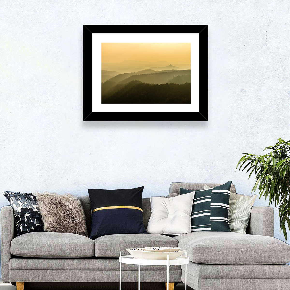 Misty Golden Ridge Landscape Wall Art in a room, landscape
