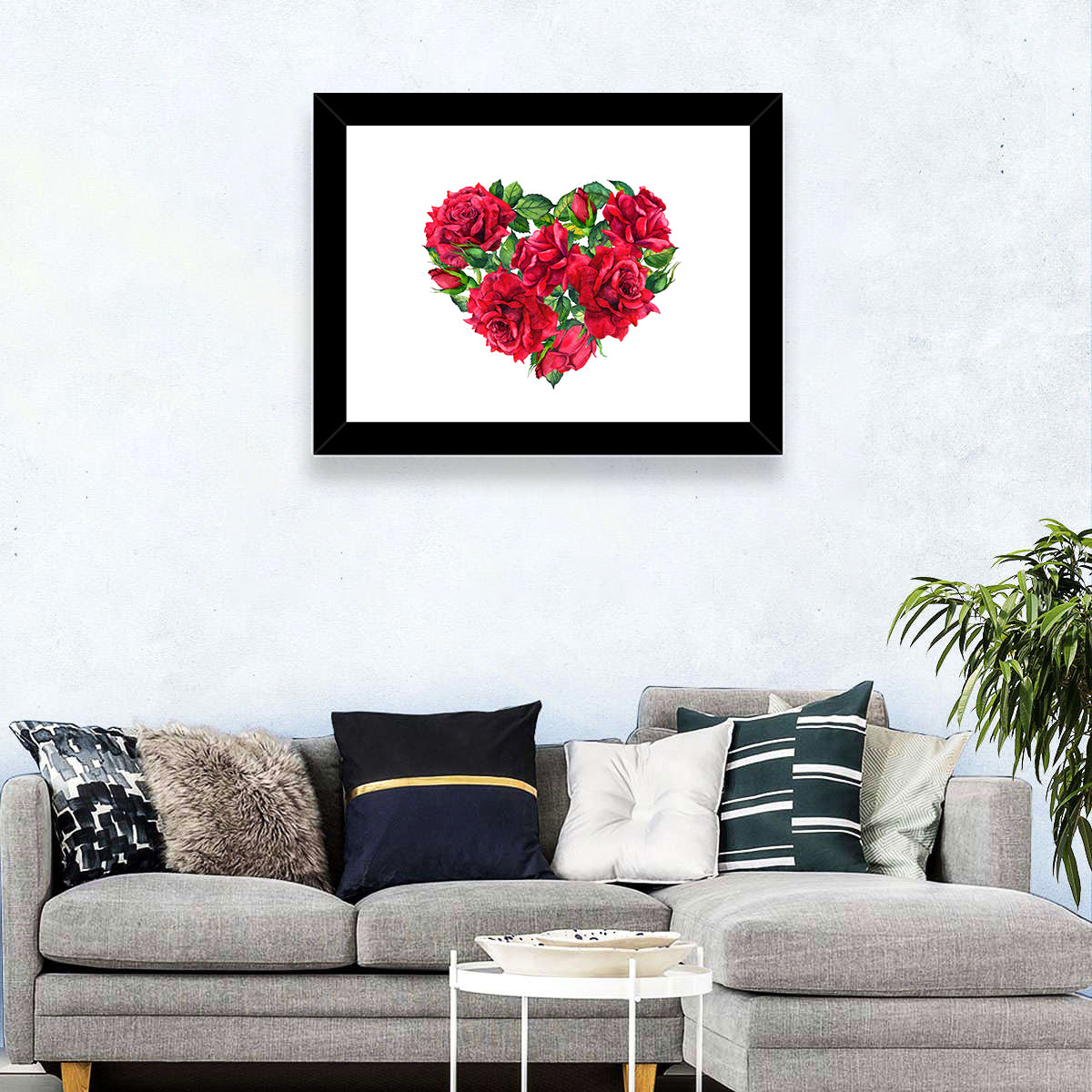 Watercolor Rose Heart Wall Art in a room, landscape