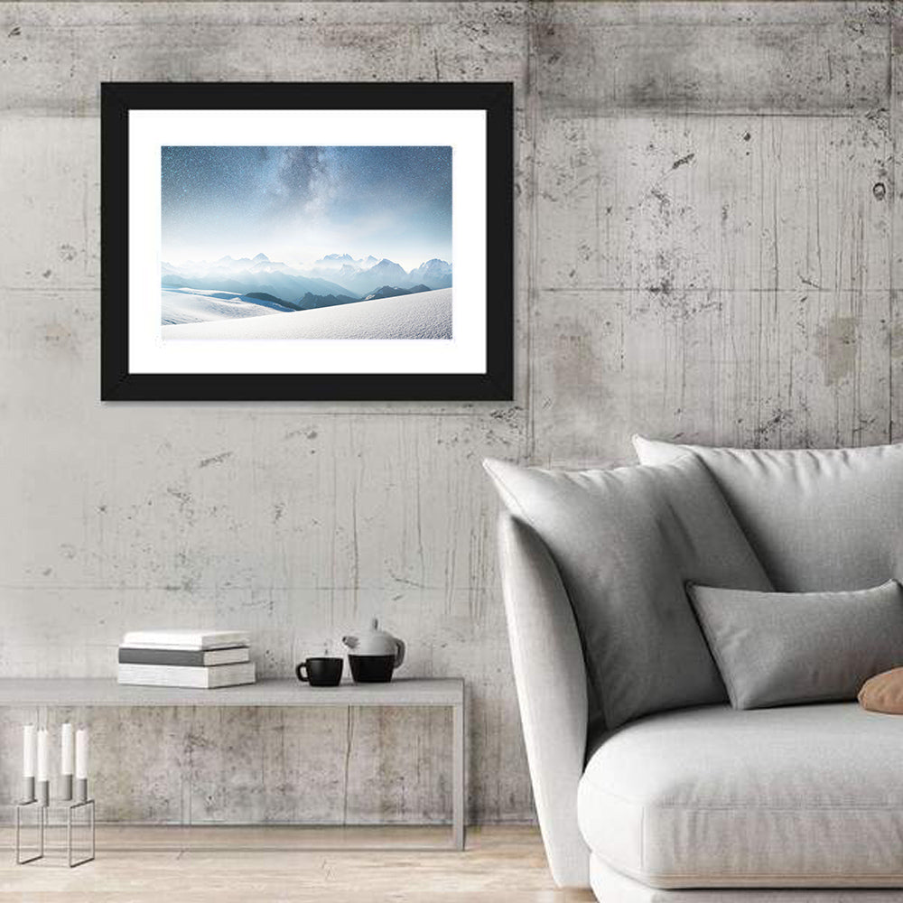 Starry Milky Way Over Snowy Peaks Wall Art in a room, landscape