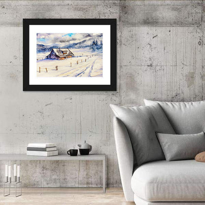 Snowy Mountain Cabin Landscape Wall Art