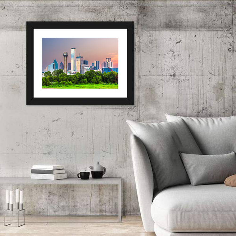 Dallas Golden Hour Skyline Wall Art in a room, landscape
