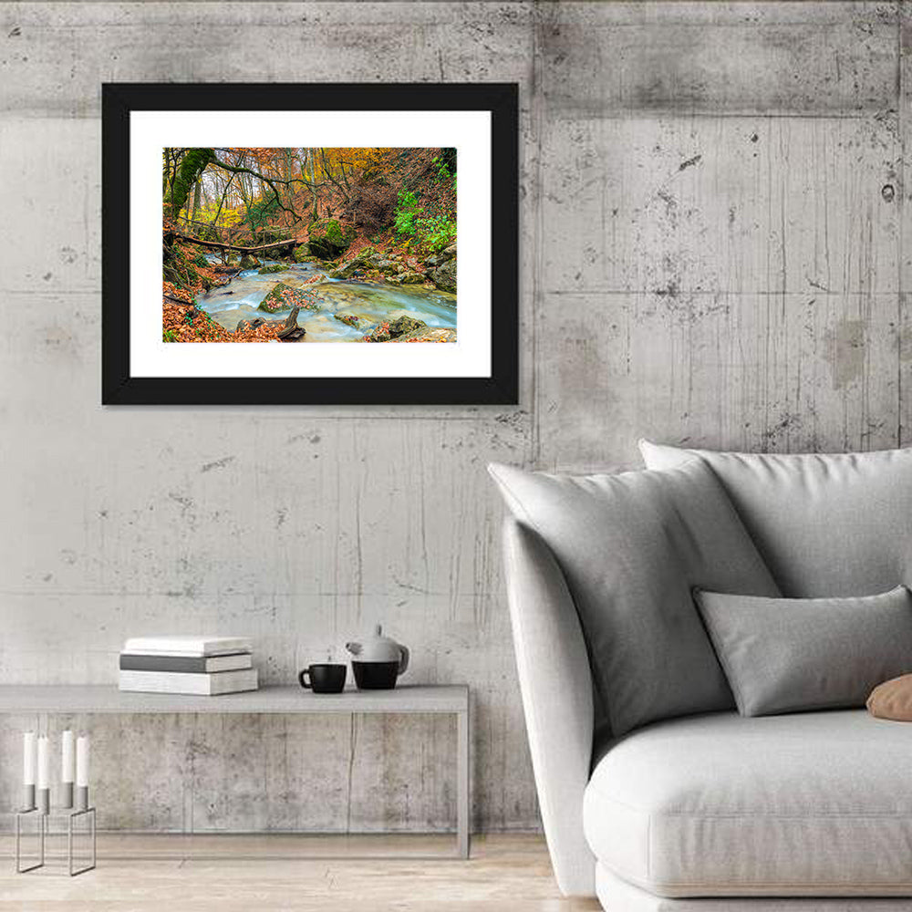 Mossy Footbridge in Autumn Forest Wall Art in a room, landscape