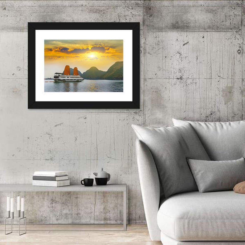 Ha Long Bay Sunset with Orange Sails Wall Art in a room, landscape