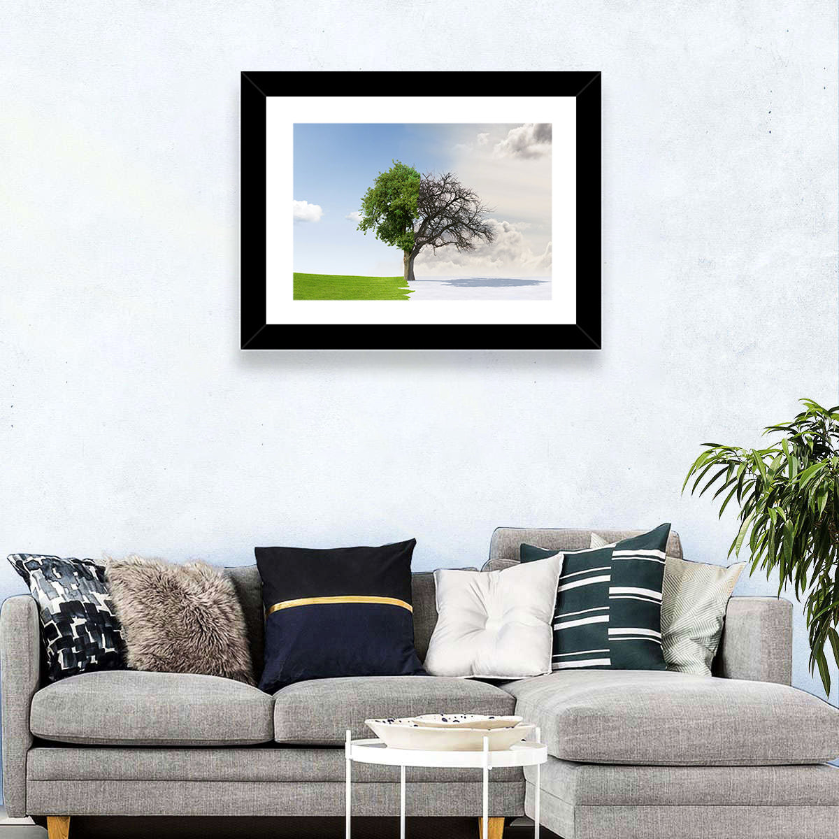 Summer to Winter Split Tree Wall Art in a room, landscape