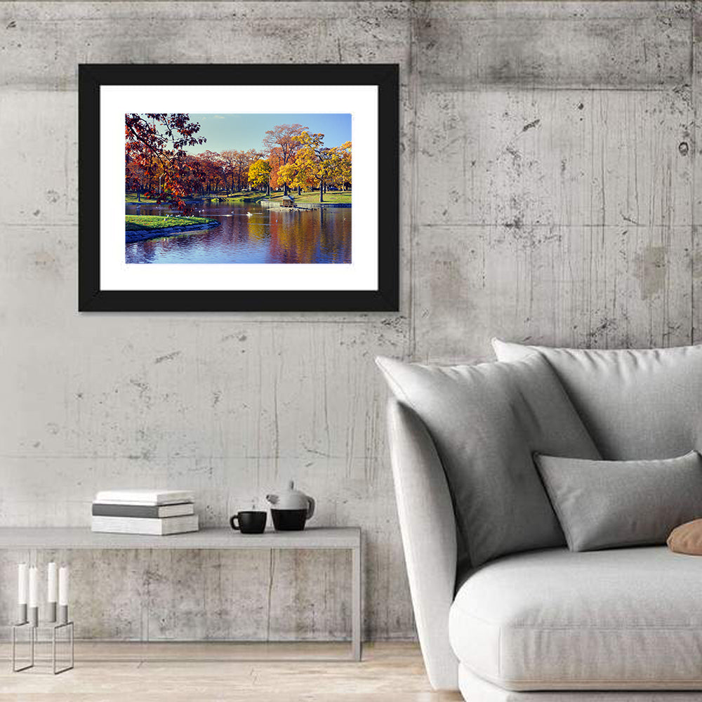 Deering Oaks Autumn Pond Wall Art in a room, landscape