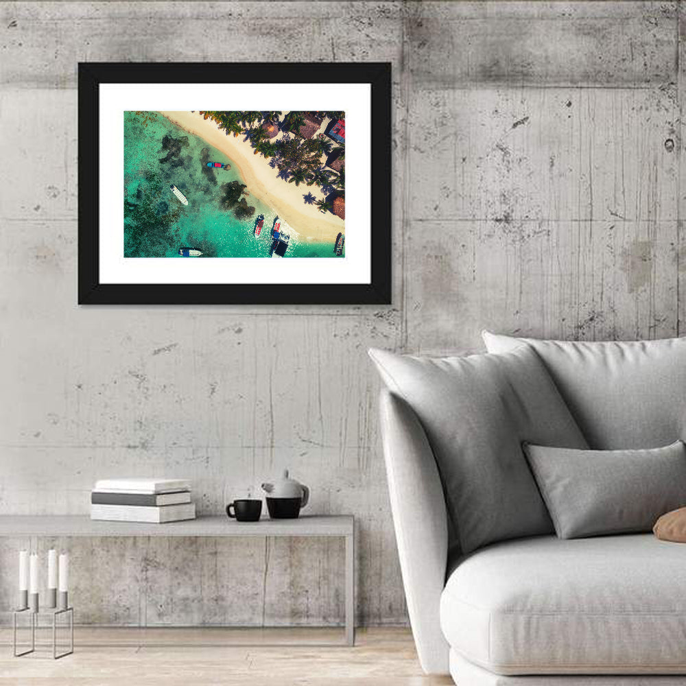 Aerial Tropical Shoreline with Six Boats Wall Art