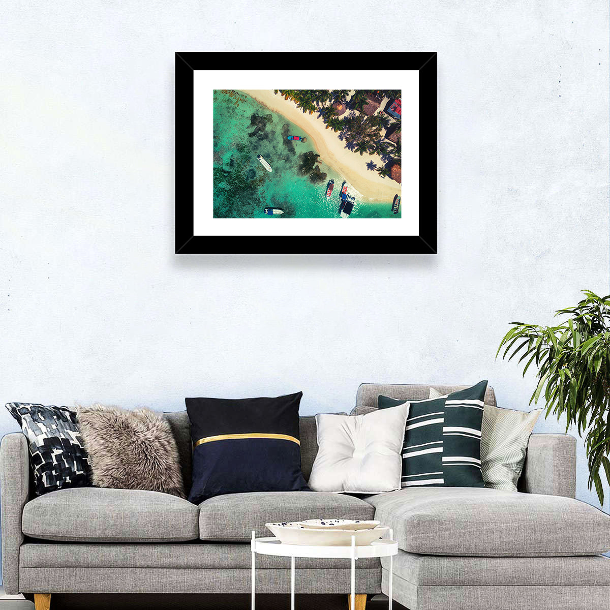 Aerial Tropical Shoreline with Six Boats Wall Art