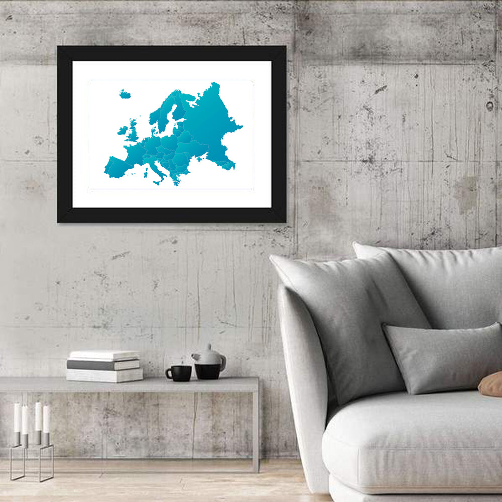 Teal Gradient Europe Map Wall Art in a room, landscape