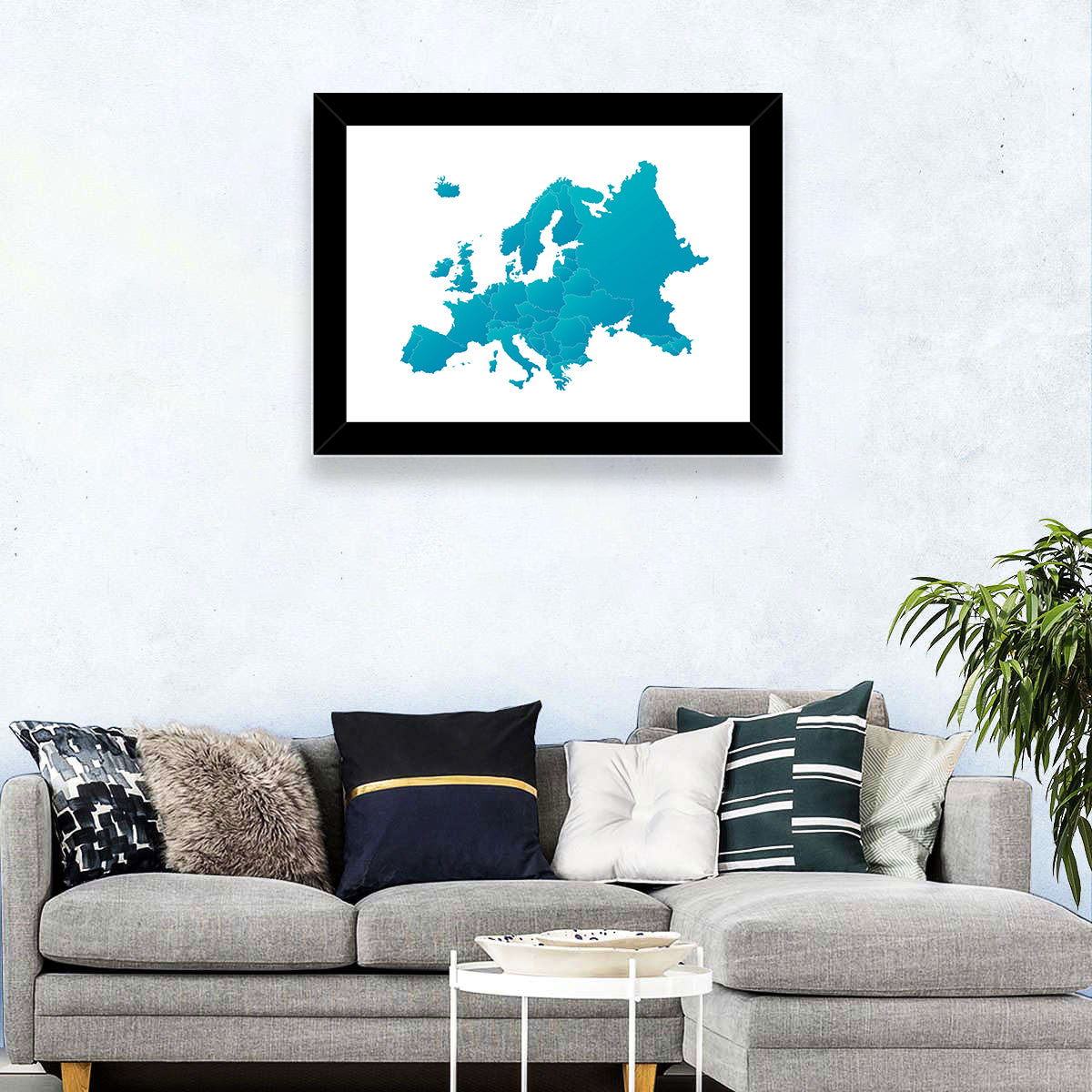 Teal Gradient Europe Map Wall Art in a room, landscape