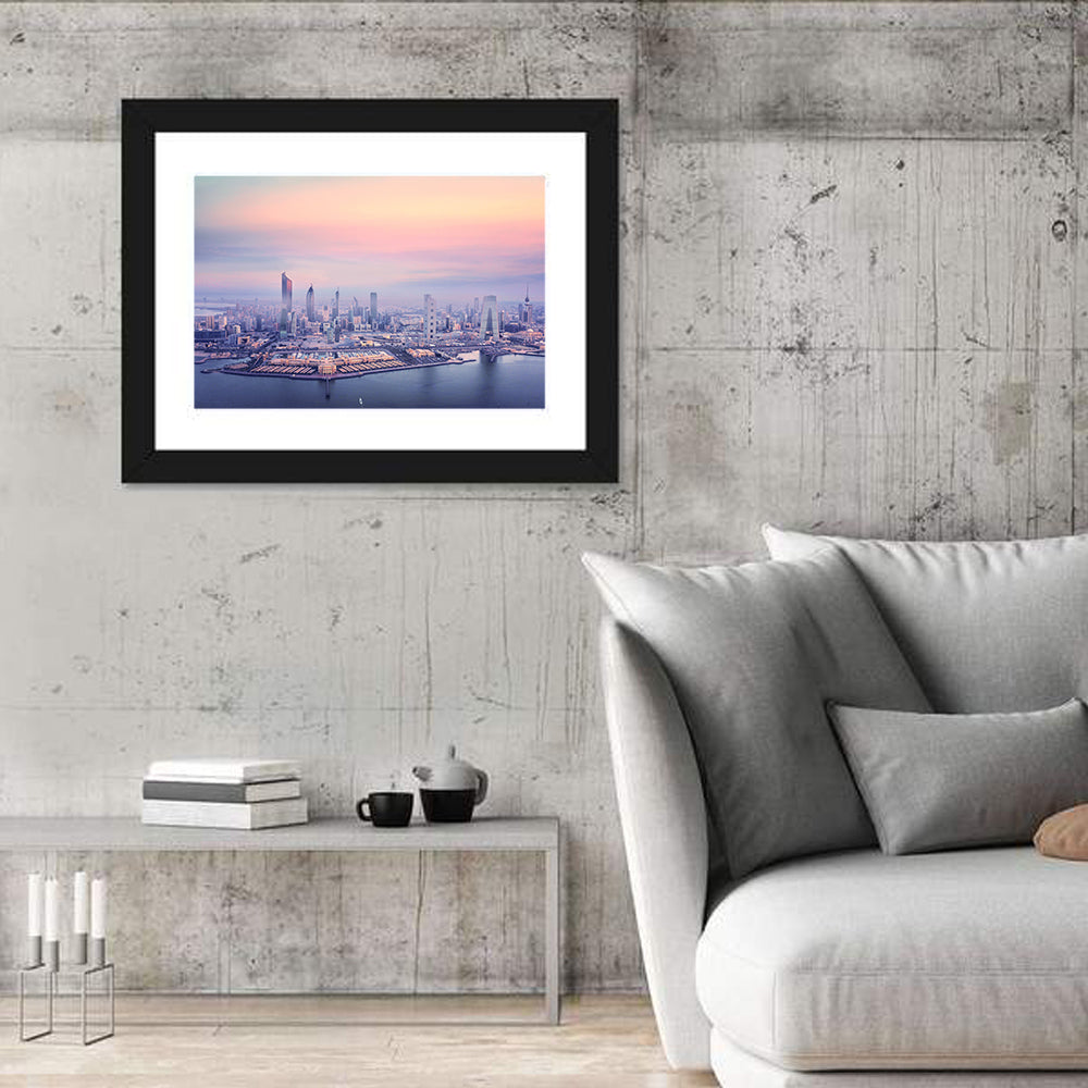 Kuwait City Twilight Skyline Wall Art in a room, landscape