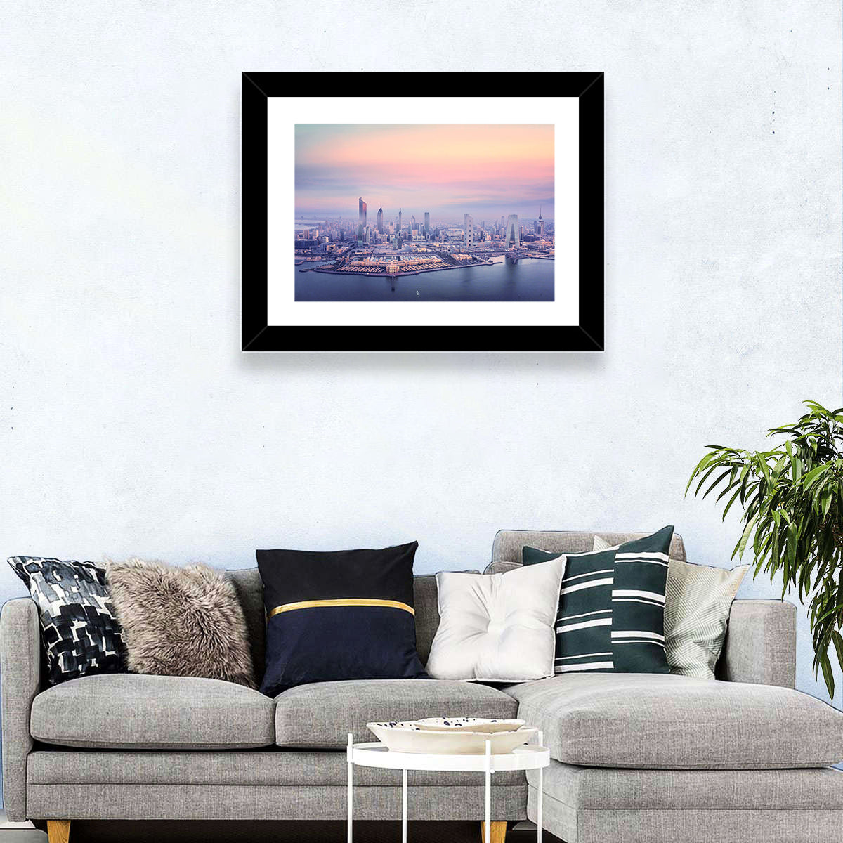 Kuwait City Twilight Skyline Wall Art in a room, landscape