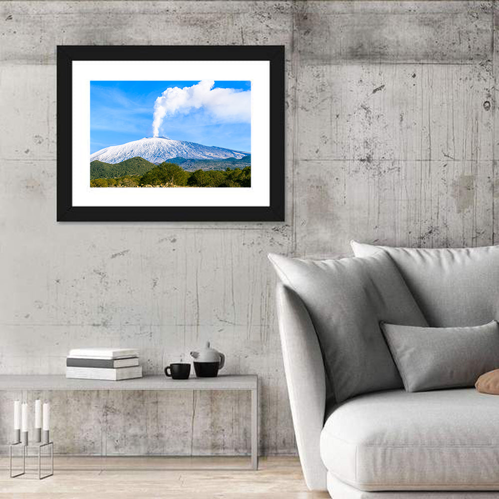 Snow-capped Mount Etna with Volcanic Plume Wall Art in a room, landscape