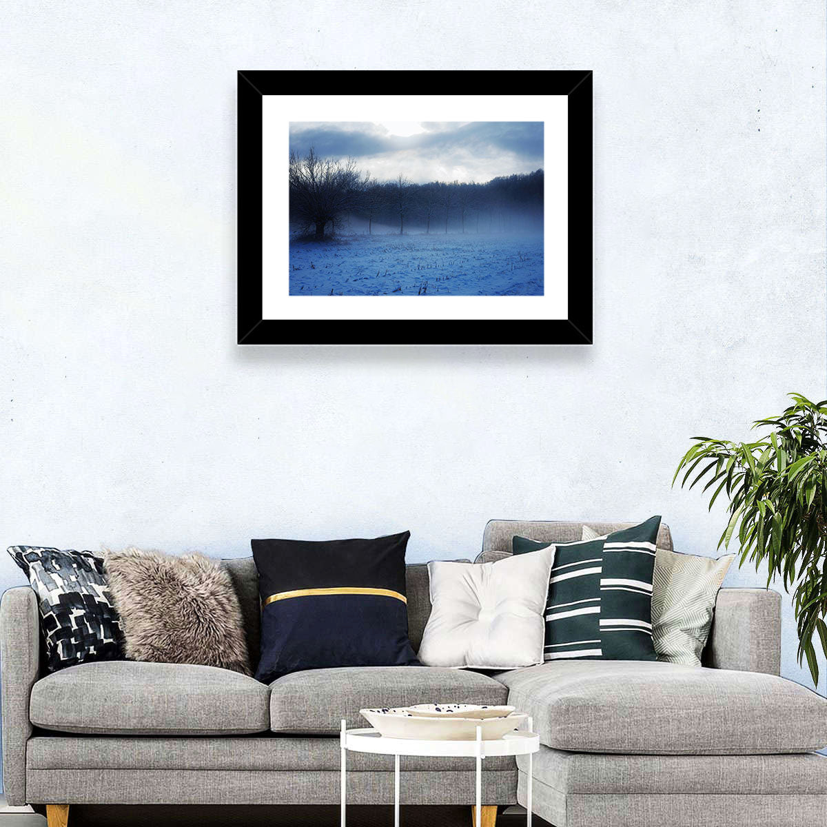 Snowy Italian Countryside Wall Art in a room, landscape