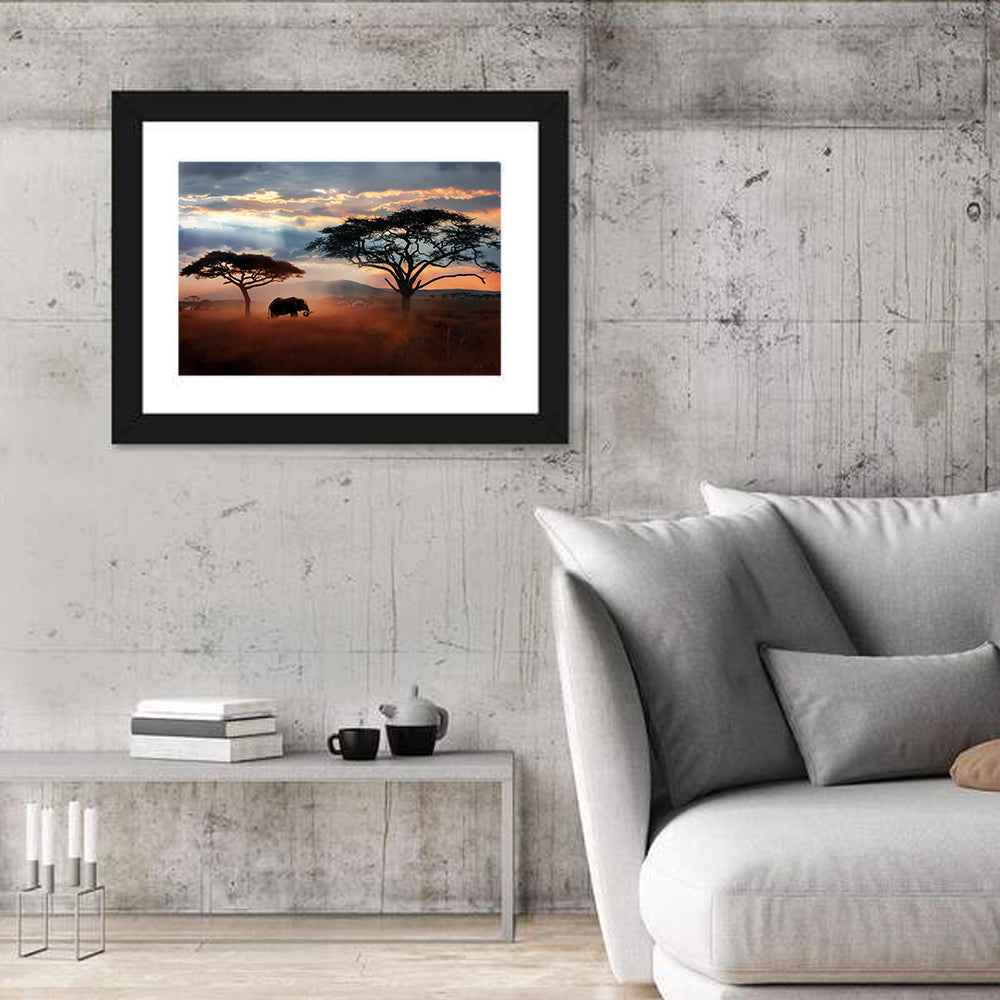 Savanna Elephant at Sunset Wall Art in a room, landscape