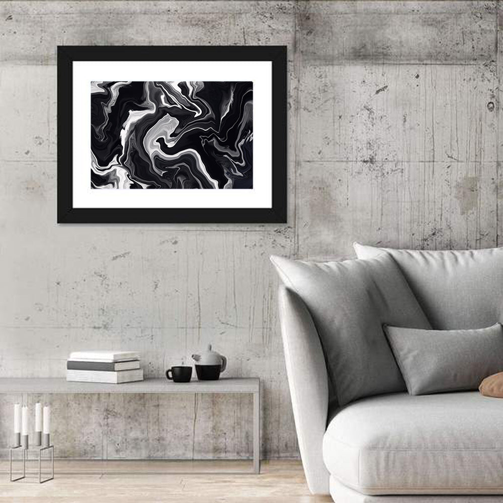 Flowing Black Marble Abstract Wall Art in a room, landscape