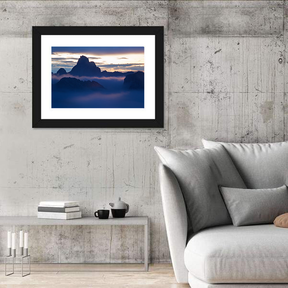 Dolomites Sunrise Silhouette Wall Art in a room, landscape