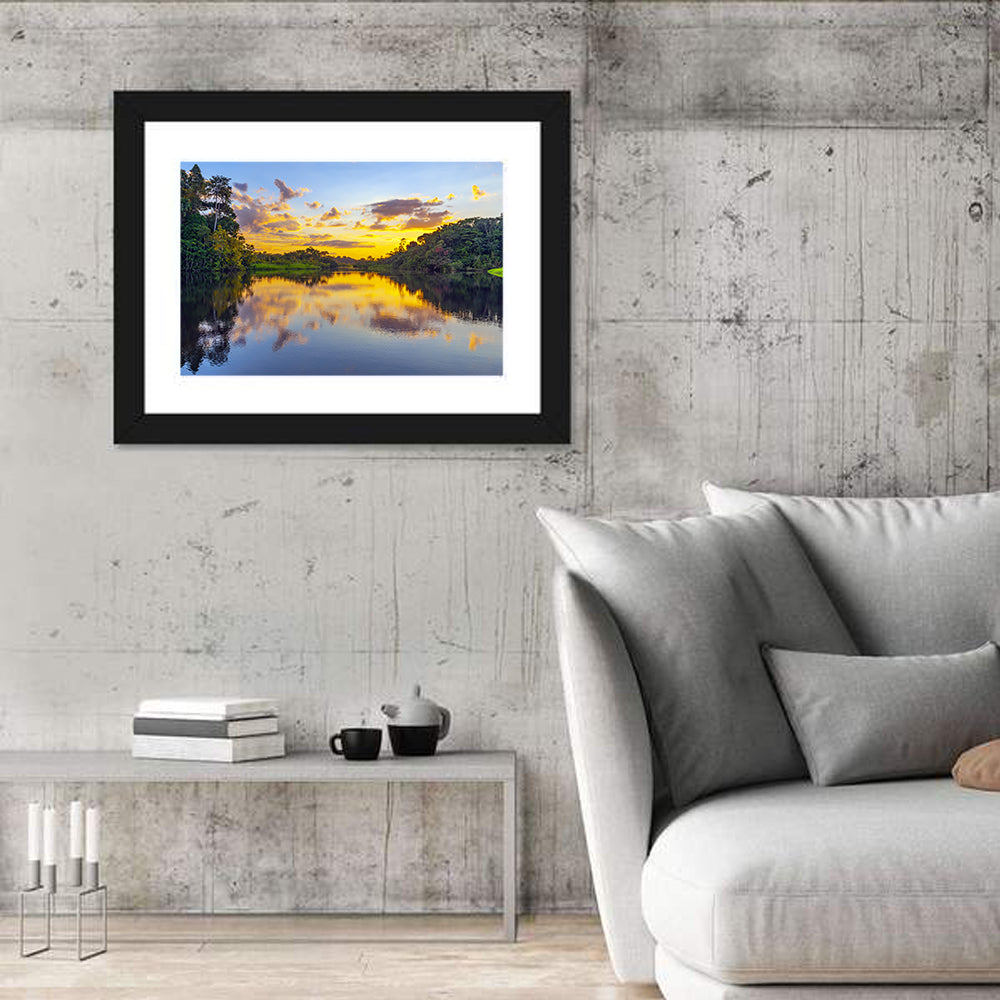 Amazon River Sunset Reflection Wall Art in a room, landscape