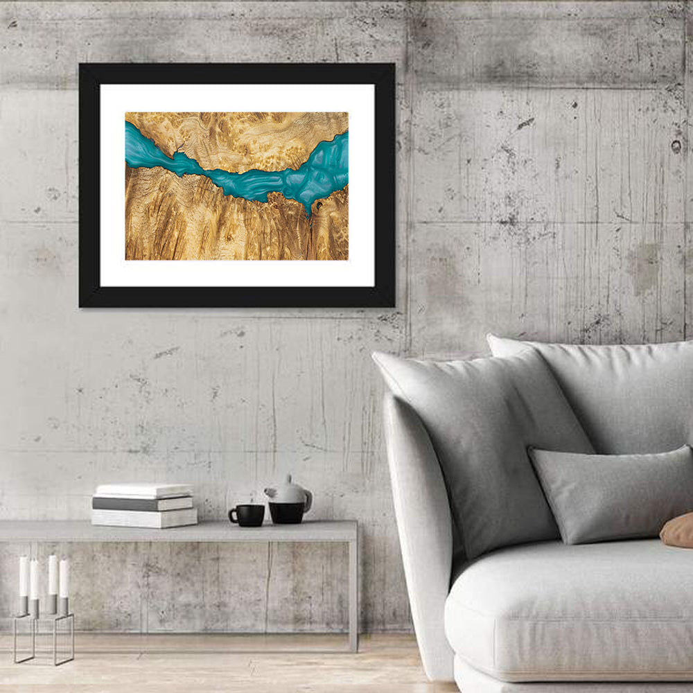 Burled Wood River with Teal Resin Wall Art in a room, landscape
