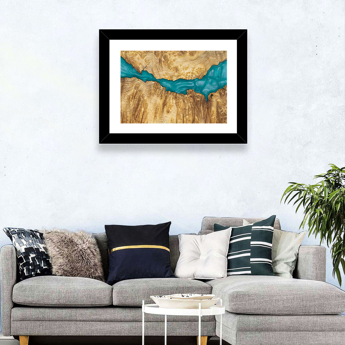 Burled Wood River with Teal Resin Wall Art in a room, landscape