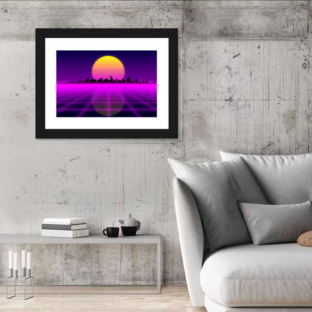 Neon Sunrise Skyline Wall Art in a room, landscape