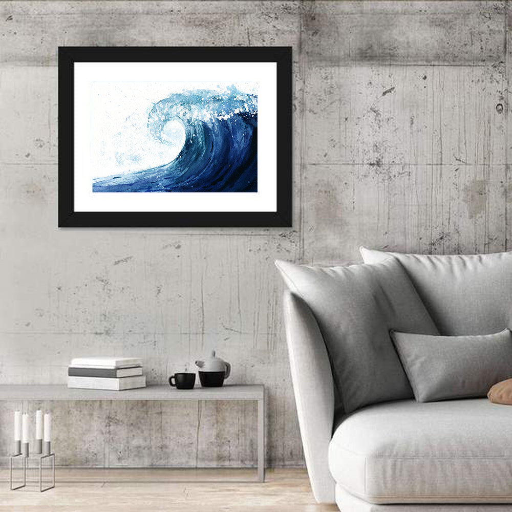 Watercolor Cresting Wave Wall Art in a room, landscape