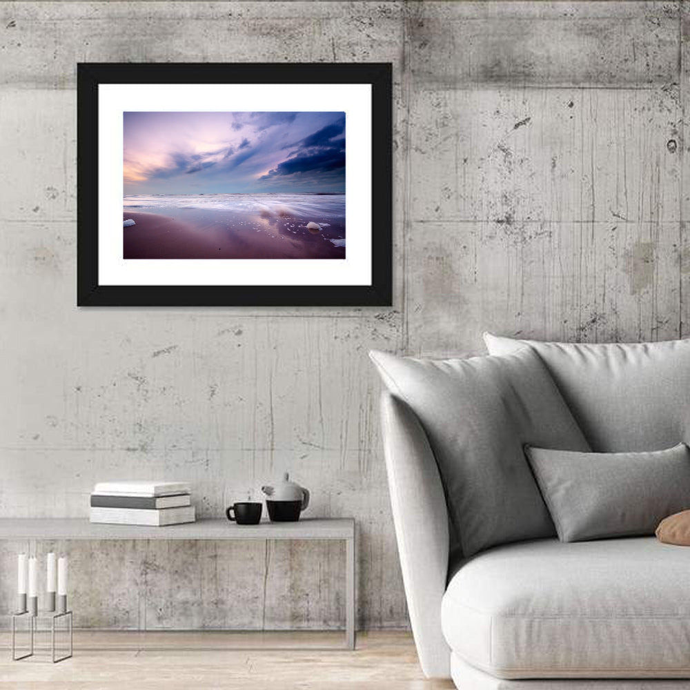 Purple Night Beach Wall Art in a room, landscape