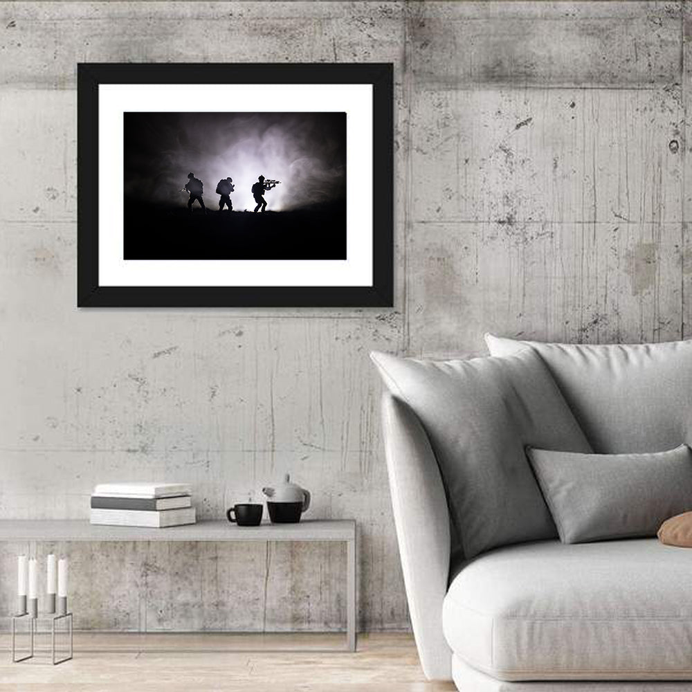 Three Soldiers Silhouette in Fog Wall Art