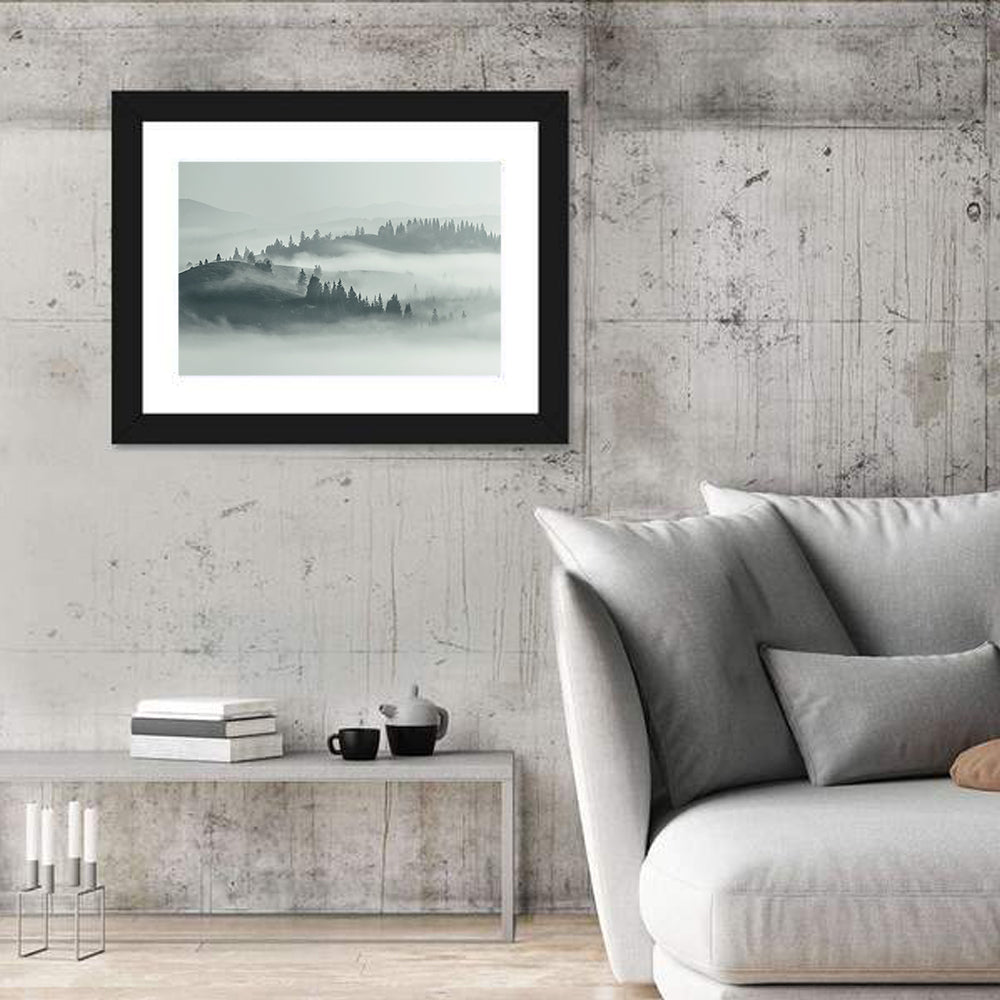 Carpathian Morning Mist Wall Art in a room, landscape