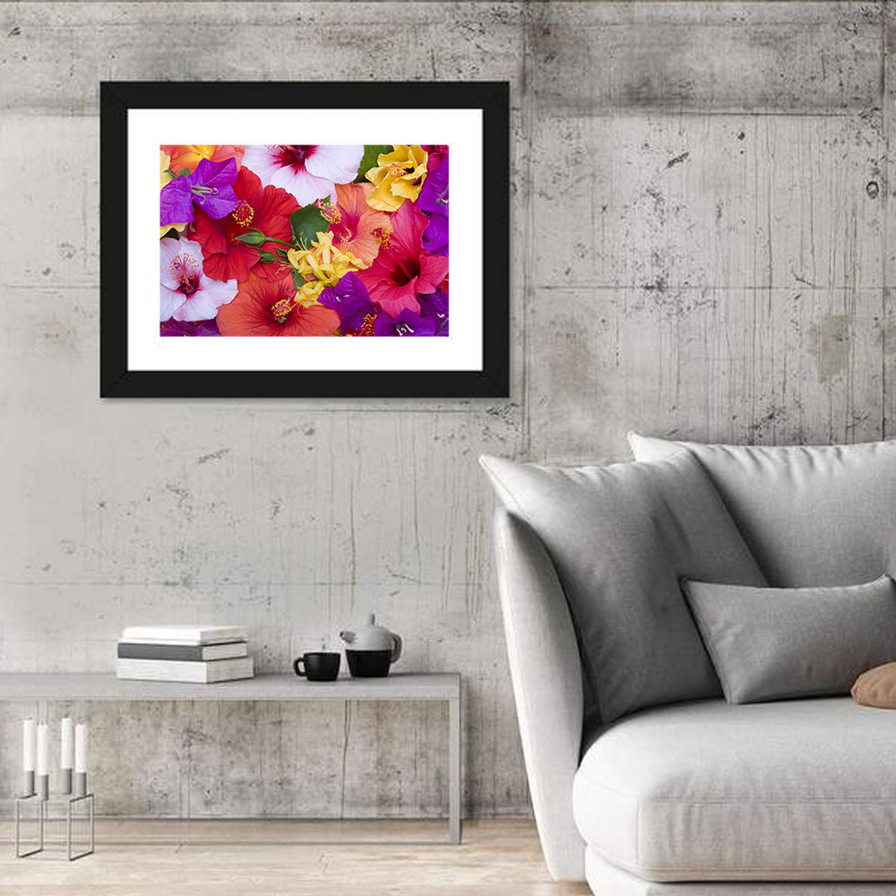Tropical Bougainvillea and Hibiscus Bloom Wall Art in a room, landscape