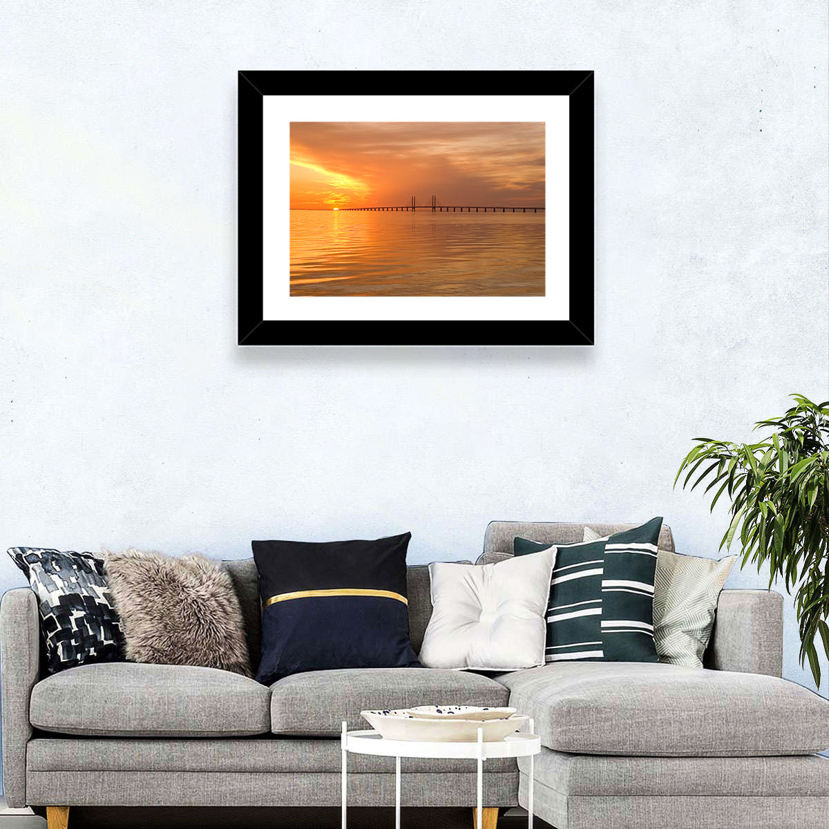 Øresund Bridge in Golden Light Wall Art in a room, landscape