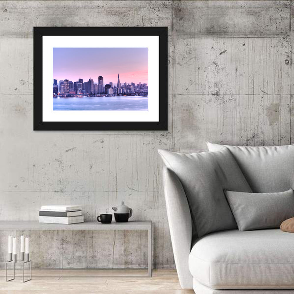 San Francisco Skyline at Lavender Dusk Wall Art in a room, landscape