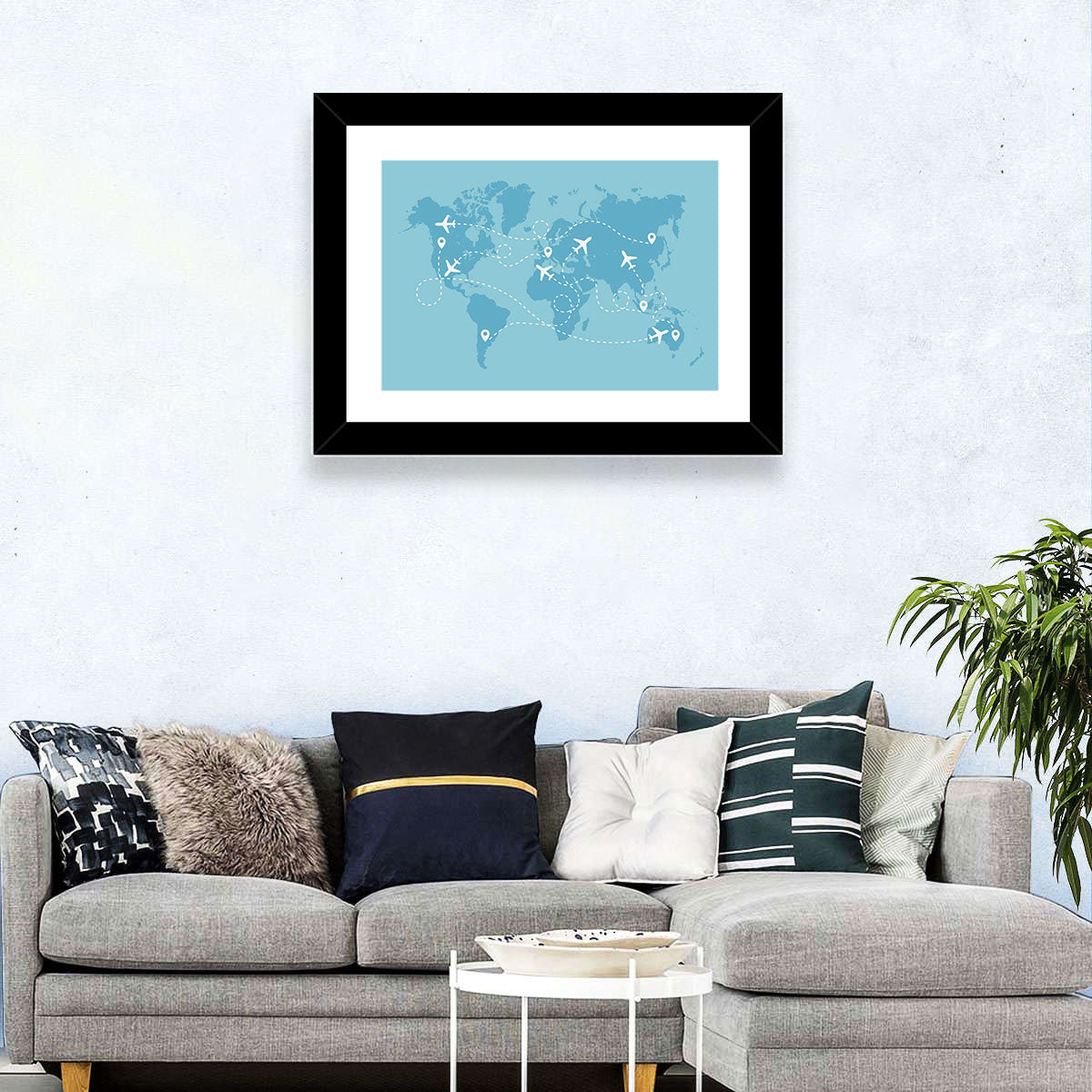 World Flight Routes Map Wall Art in a room, landscape