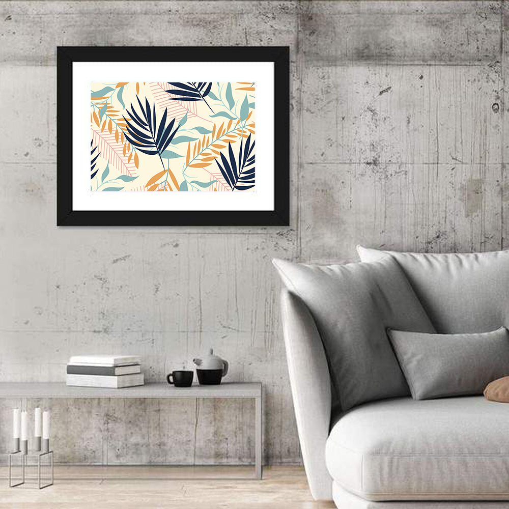 Cream and Navy Summer Leaves Pattern Wall Art in a room, landscape
