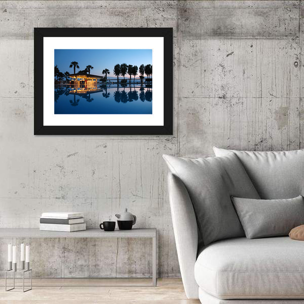 Twilight Poolside Bar Wall Art in a room, landscape