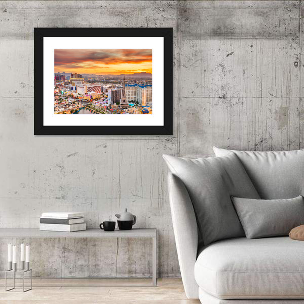 Las Vegas Strip Sunset Cityscape Wall Art in a room, landscape