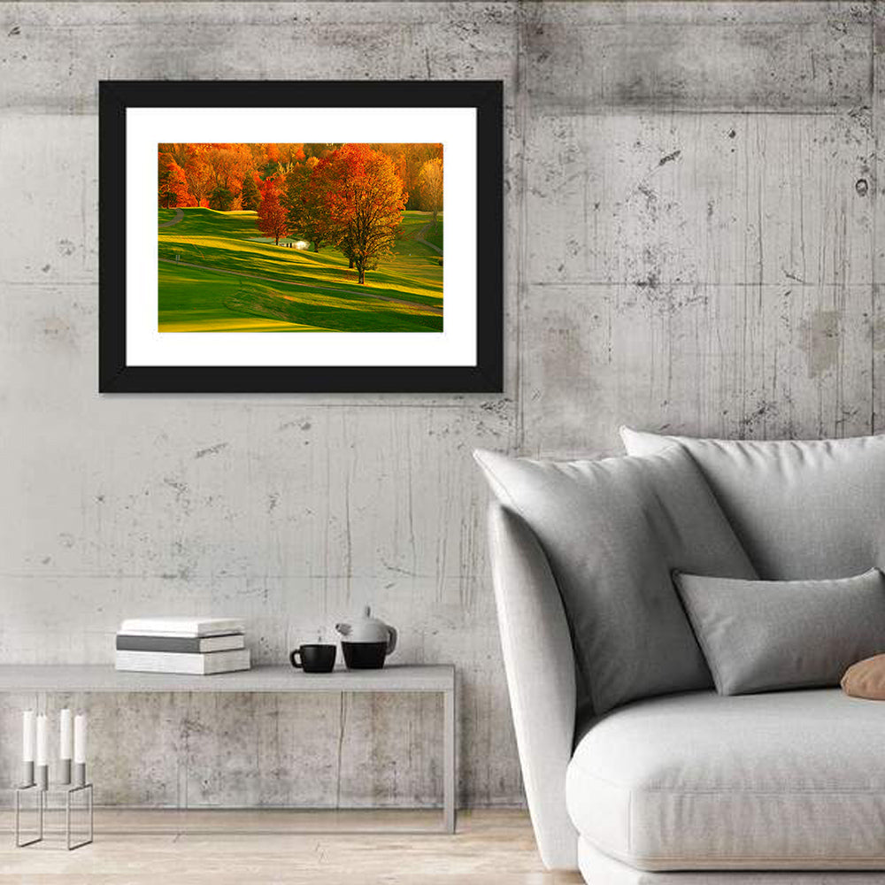 Golden Hour Golf Course Wall Art in a room, landscape